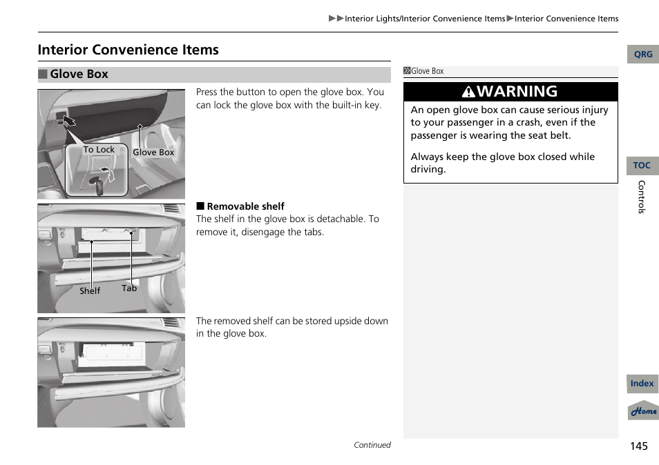 P 145, Warning, Interior convenience items | Acura 2013 RDX User Manual | Page 146 / 363