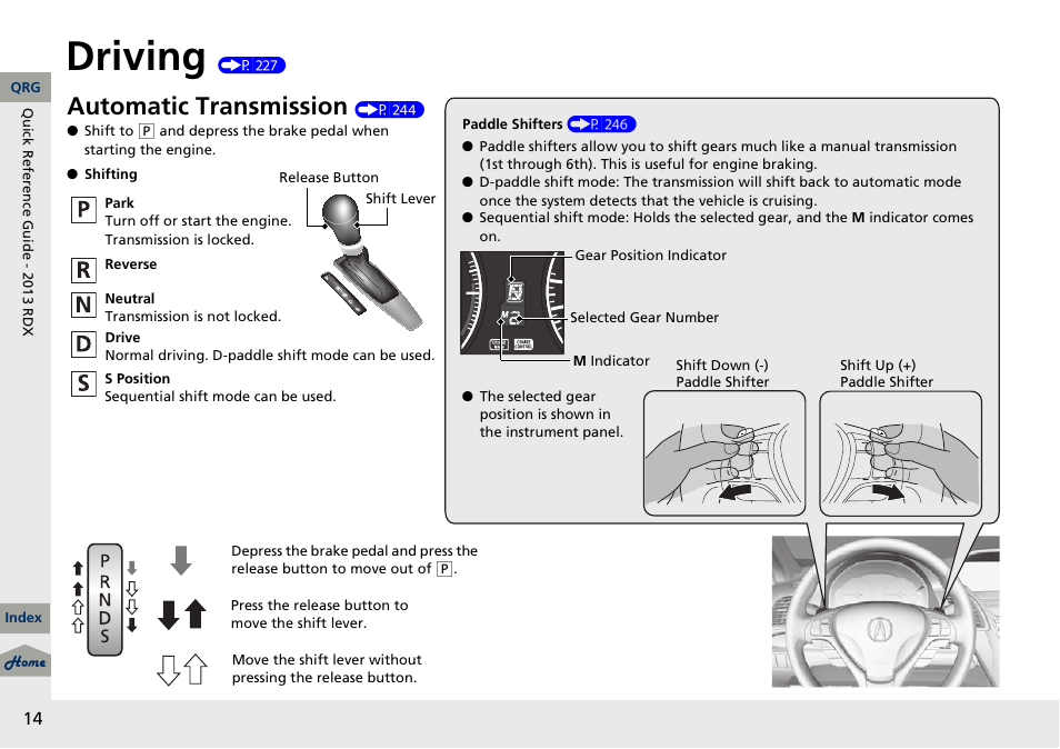 Driving (p 227), Driving, Automatic transmission | Acura 2013 RDX User Manual | Page 15 / 363