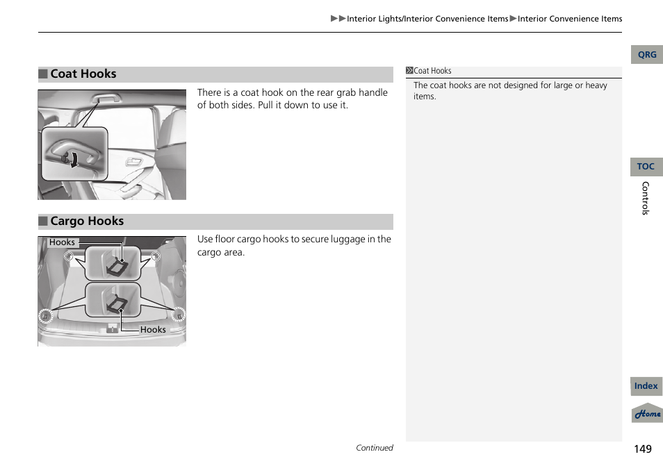 P 149), Coat hooks, Cargo hooks | Acura 2013 RDX User Manual | Page 150 / 363