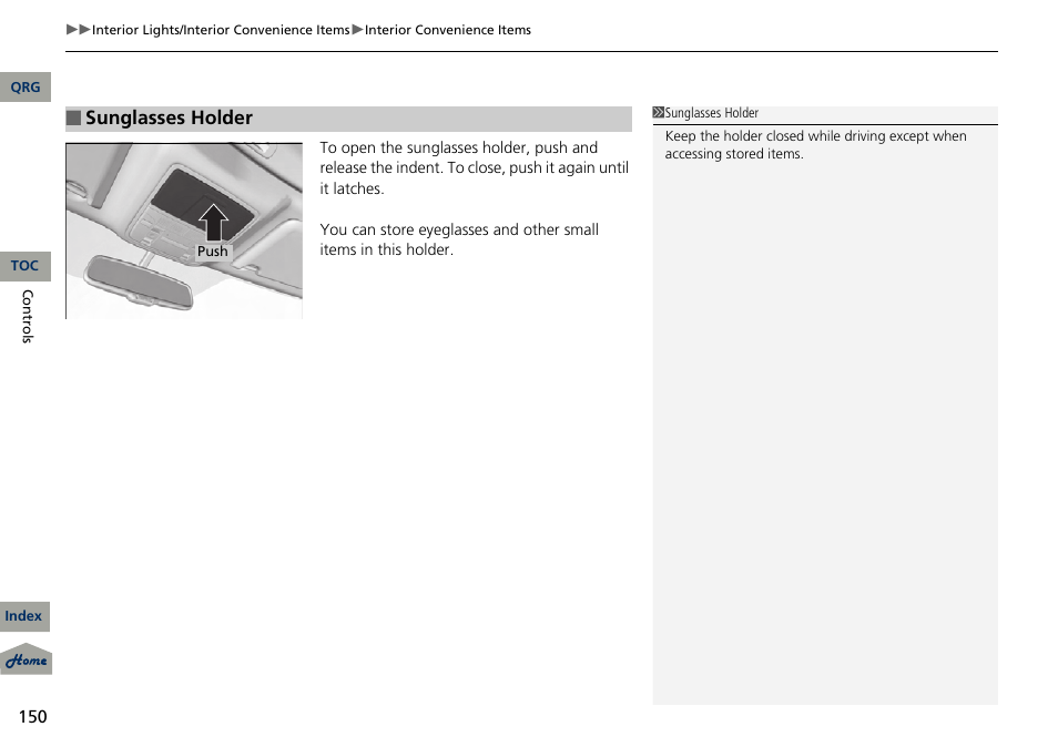 P 150, Sunglasses holder | Acura 2013 RDX User Manual | Page 151 / 363