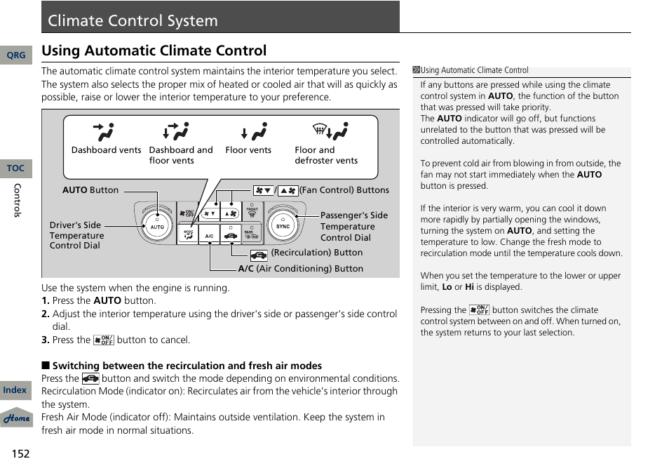 P. 152, P 152), Climate | Control, System, Climate control system, Using automatic climate control | Acura 2013 RDX User Manual | Page 153 / 363