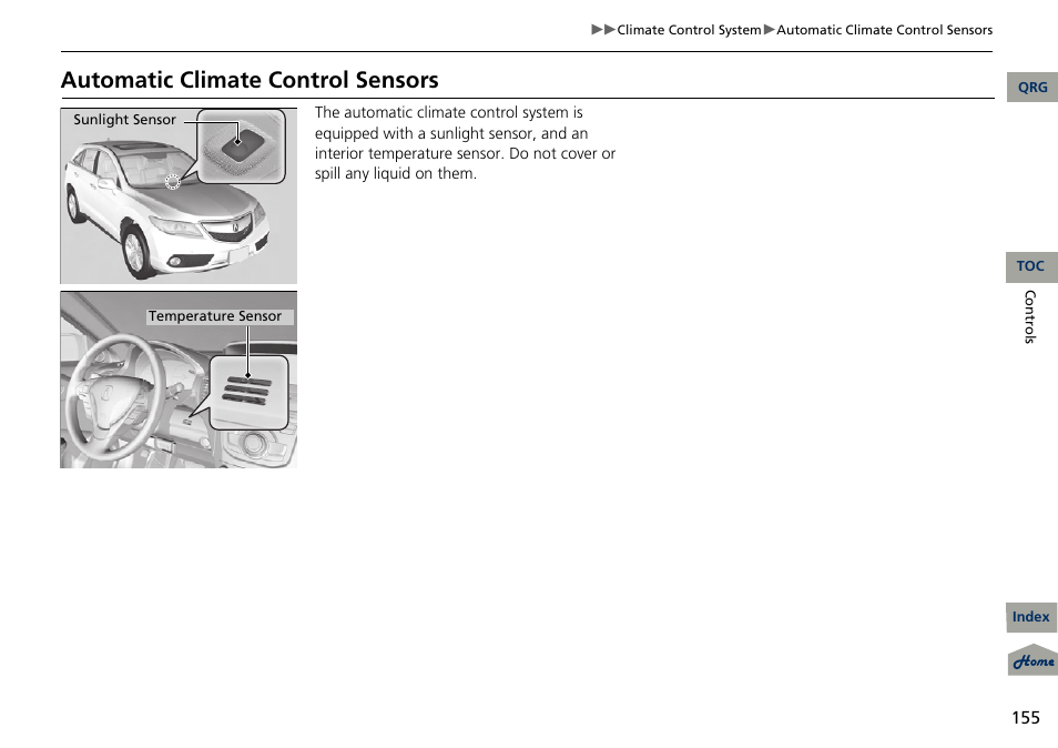 Automatic climate control sensors | Acura 2013 RDX User Manual | Page 156 / 363