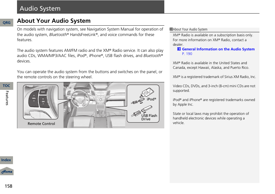 P. 158, P 158), Audio system | About your audio system | Acura 2013 RDX User Manual | Page 159 / 363