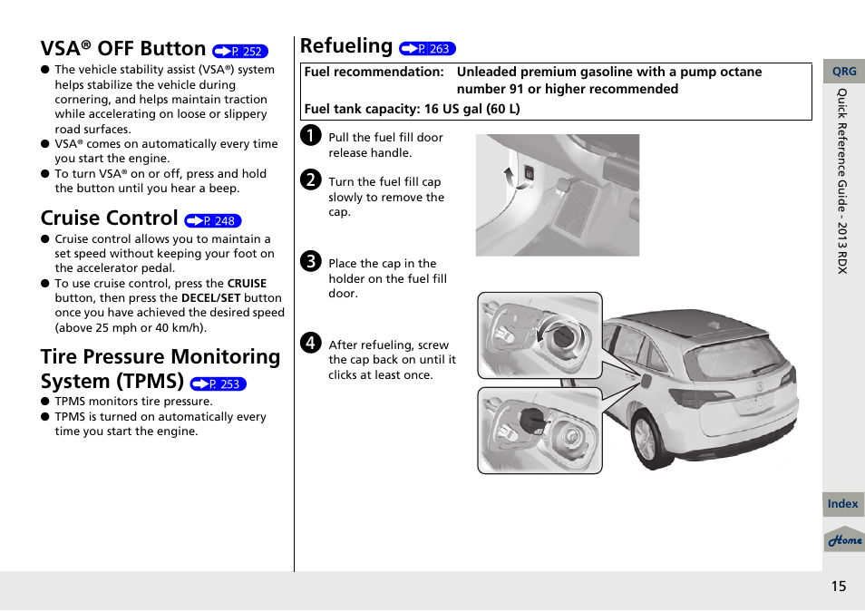 Vsa® off but ton, Cruis e control, Tire pressure monitoring system (tpms) | Refu eling | Acura 2013 RDX User Manual | Page 16 / 363