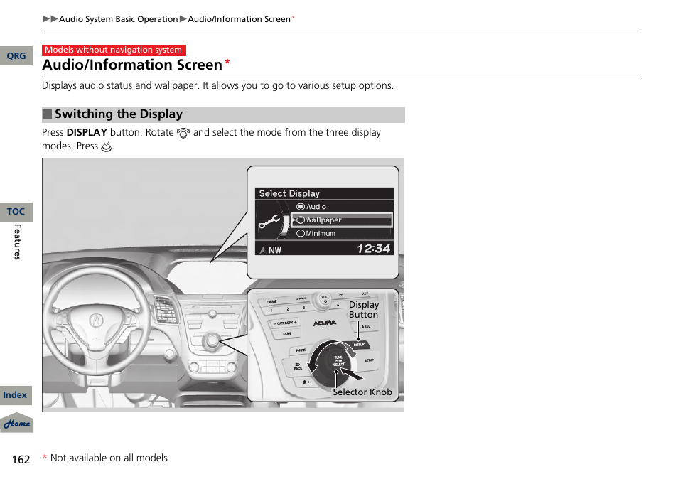 Audio/information screen, Switching the display | Acura 2013 RDX User Manual | Page 163 / 363