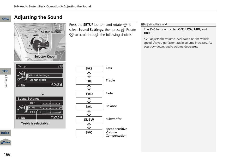 2 adjusting the sound p. 166, Adjusting the sound | Acura 2013 RDX User Manual | Page 167 / 363