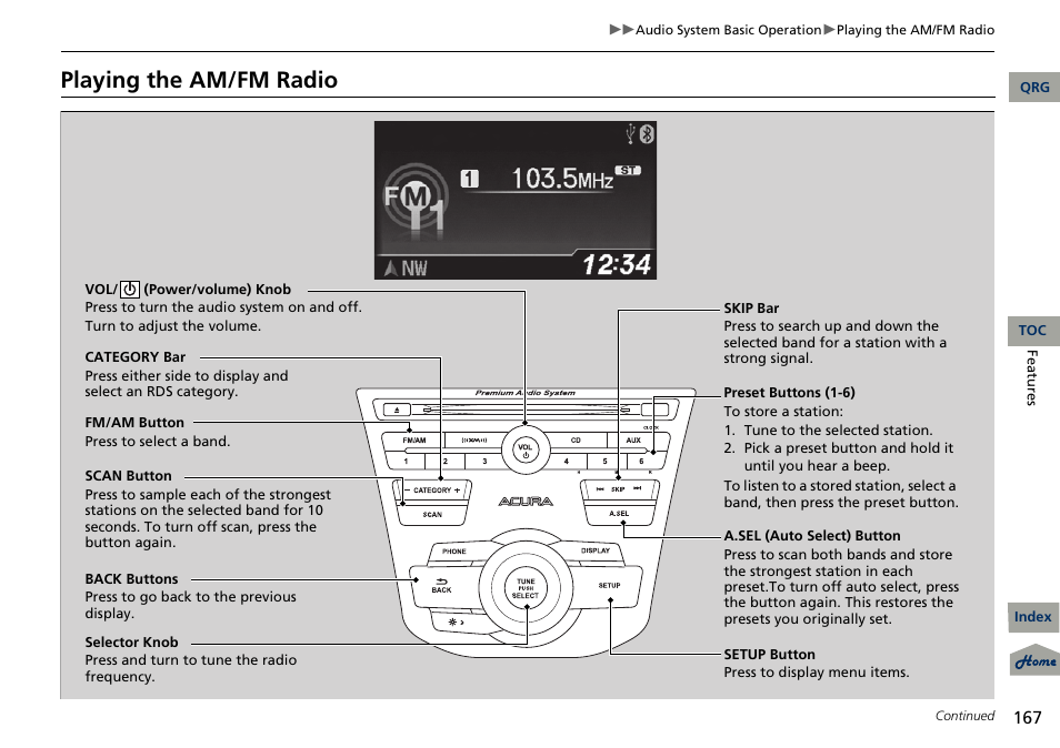 Playing the am/fm radio | Acura 2013 RDX User Manual | Page 168 / 363