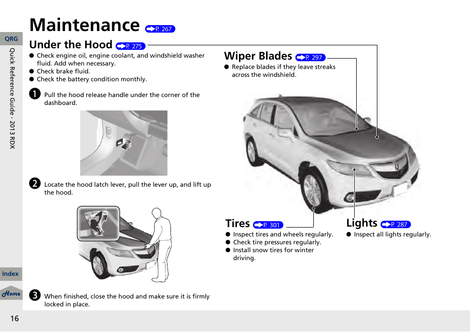 Maintenance (p 267), Maintenance, Under the hood | Lights, Wiper blades, Tires | Acura 2013 RDX User Manual | Page 17 / 363