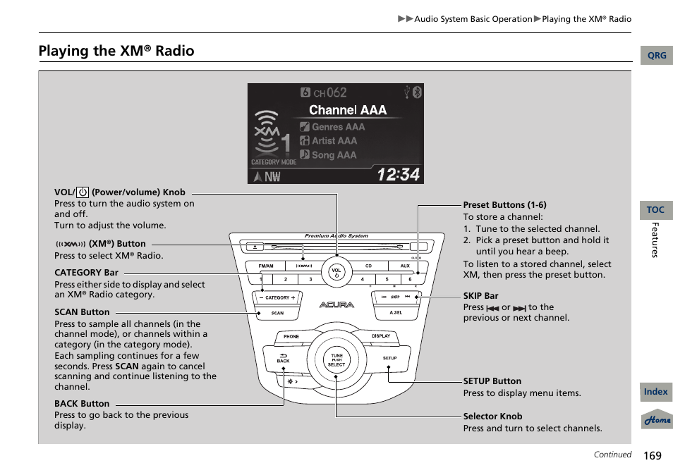 Playing the xm® radio | Acura 2013 RDX User Manual | Page 170 / 363