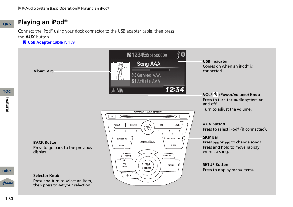 Playing an ipod | Acura 2013 RDX User Manual | Page 175 / 363