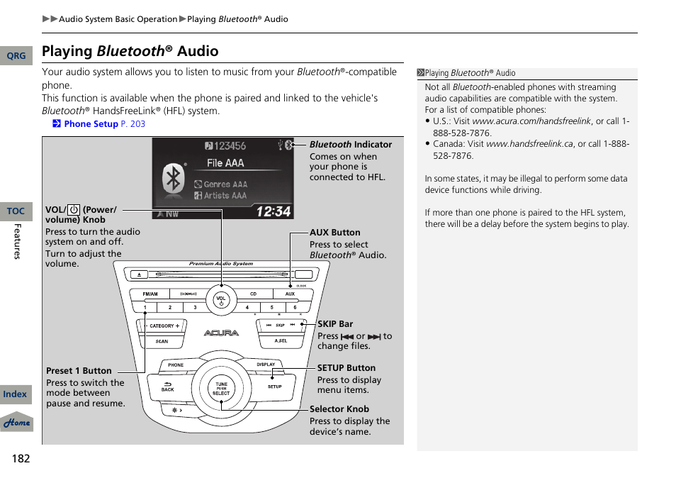 Playing bluetooth ® audio | Acura 2013 RDX User Manual | Page 183 / 363