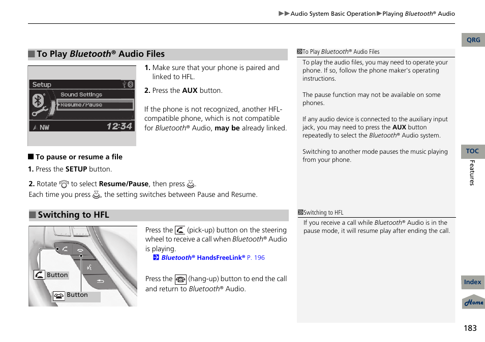 2 to pause or resume a file p. 183, Switching to hfl | Acura 2013 RDX User Manual | Page 184 / 363