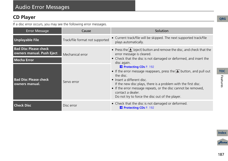 Audio error messages, Cd player | Acura 2013 RDX User Manual | Page 188 / 363