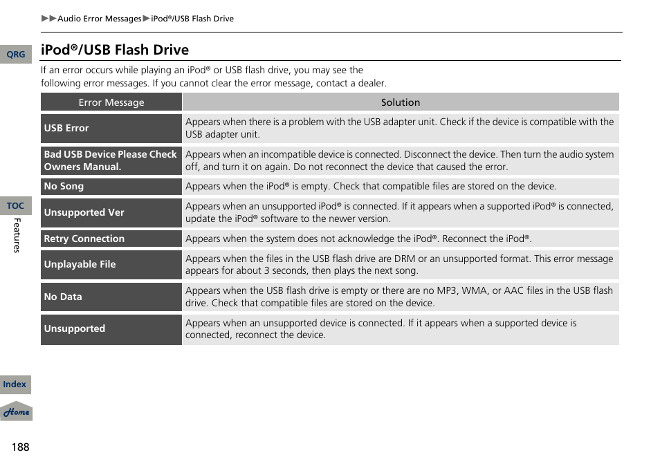 2 ipod®/usb flash drive p. 188, Ipod®/usb flash drive | Acura 2013 RDX User Manual | Page 189 / 363