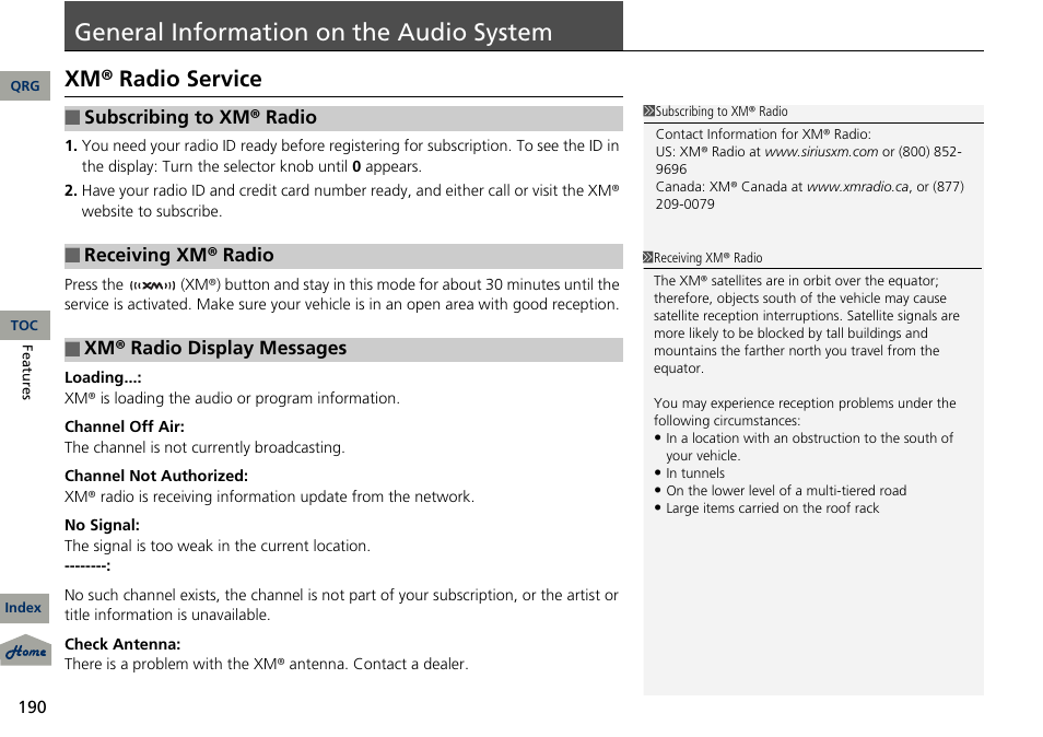 General information on the audio, System, 2 general information on the audio system | P. 190, General information on the audio system, Xm® radio service | Acura 2013 RDX User Manual | Page 191 / 363