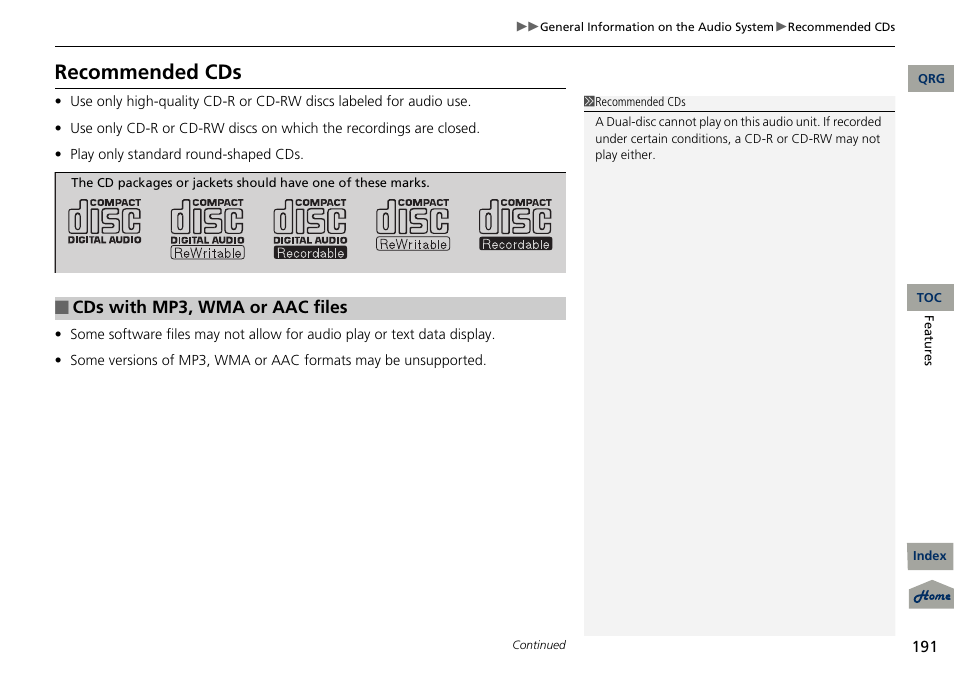 Recommended cds, Cds with mp3, wma or aac files | Acura 2013 RDX User Manual | Page 192 / 363