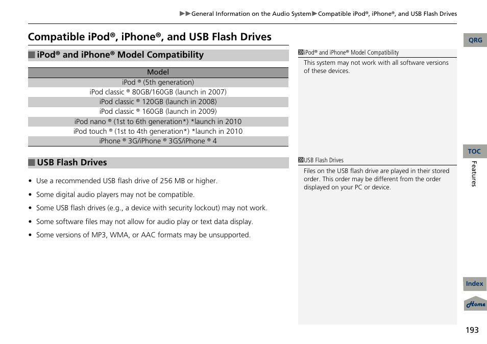 Compatible ipod®, iphone®, and usb flash drives | Acura 2013 RDX User Manual | Page 194 / 363