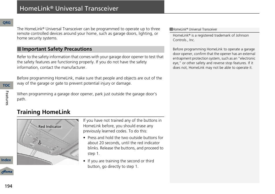 Universal transceiver, P. 194, Homelink | Universal, Transceiver, Homelink® universal transceiver, Training homelink | Acura 2013 RDX User Manual | Page 195 / 363