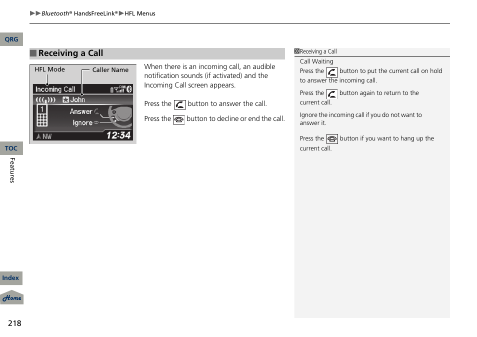 Receiving a call | Acura 2013 RDX User Manual | Page 219 / 363