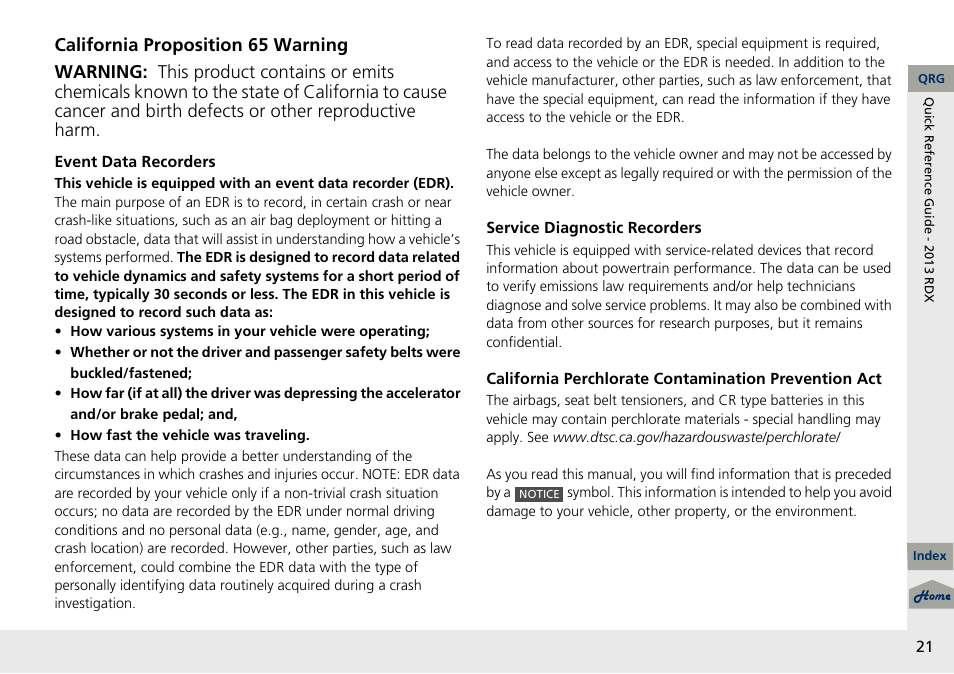 California proposition 65 warning | Acura 2013 RDX User Manual | Page 22 / 363
