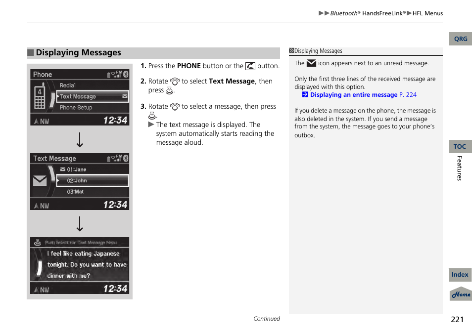 Displaying messages | Acura 2013 RDX User Manual | Page 222 / 363