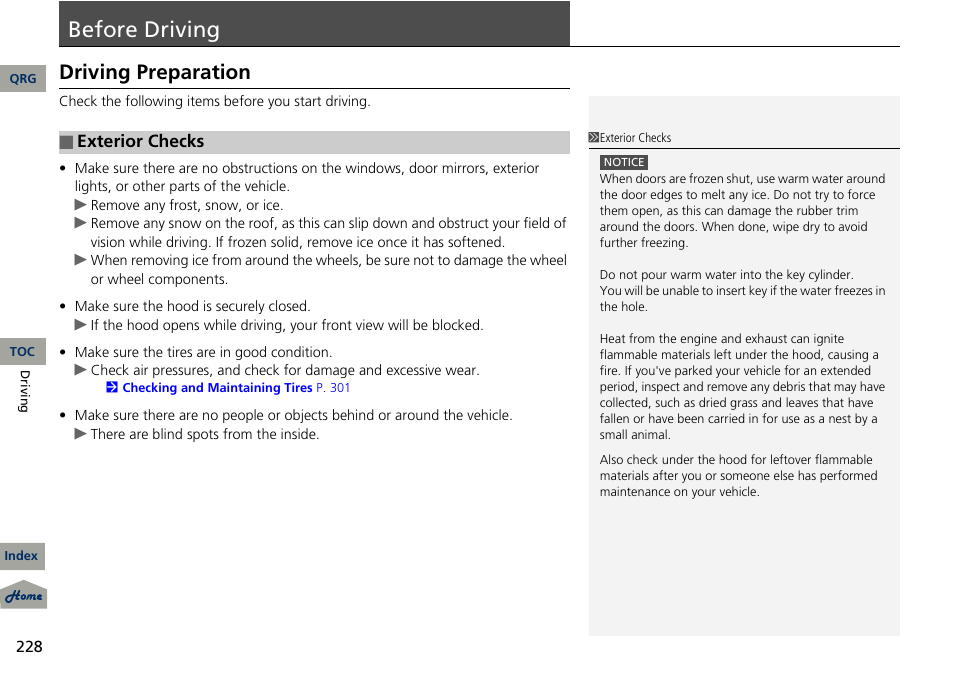 Driving, P. 228, Before driving | Driving preparation | Acura 2013 RDX User Manual | Page 229 / 363