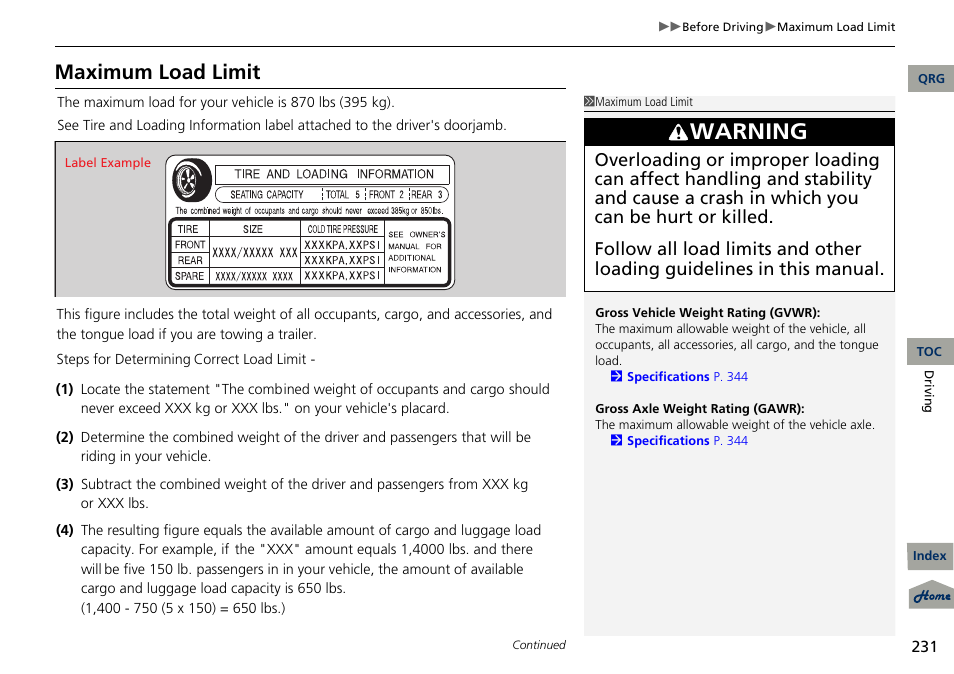 2 maximum load limit p. 231, Warning, Maximum load limit | Acura 2013 RDX User Manual | Page 232 / 363