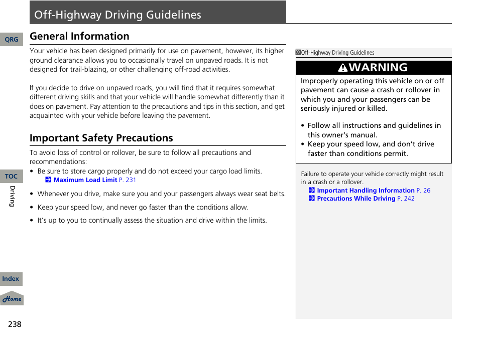 Guidelines, P. 238, Off-highway | Driving, Off-highway driving guidelines, Warning, General information, Important safety precautions | Acura 2013 RDX User Manual | Page 239 / 363