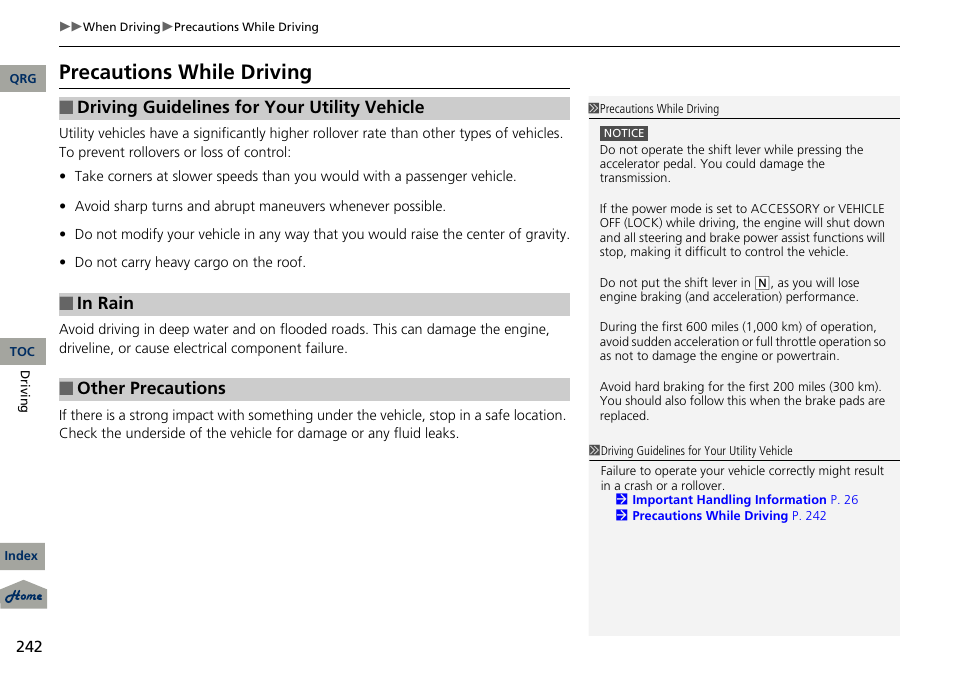 Precautions while driving, Driving guidelines for your utility vehicle, Other precautions | Acura 2013 RDX User Manual | Page 243 / 363