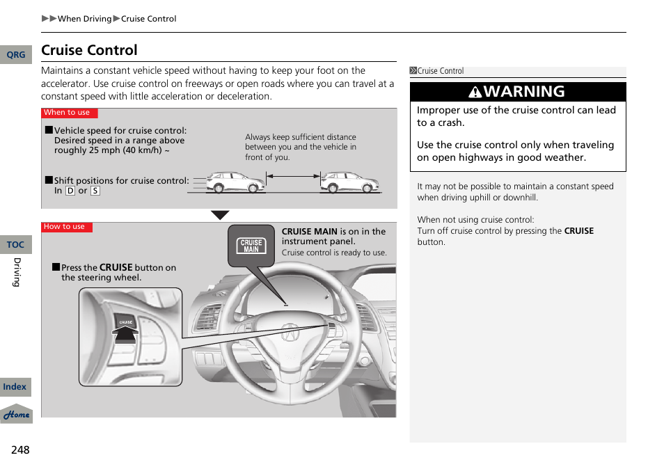 P 248), E control, Warning | Cruise control | Acura 2013 RDX User Manual | Page 249 / 363