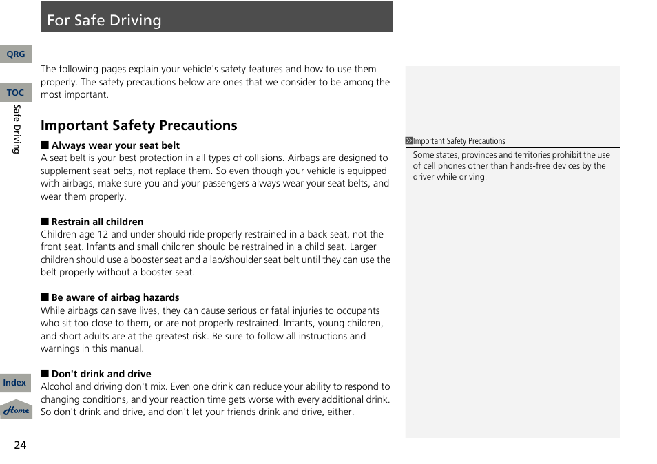 P. 24, Safe, Driving | For safe driving, Important safety precautions | Acura 2013 RDX User Manual | Page 25 / 363