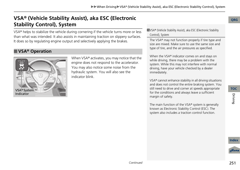 Vsa® operation | Acura 2013 RDX User Manual | Page 252 / 363