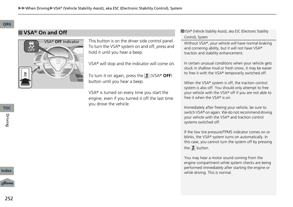 P 252), Vsa® on and off | Acura 2013 RDX User Manual | Page 253 / 363