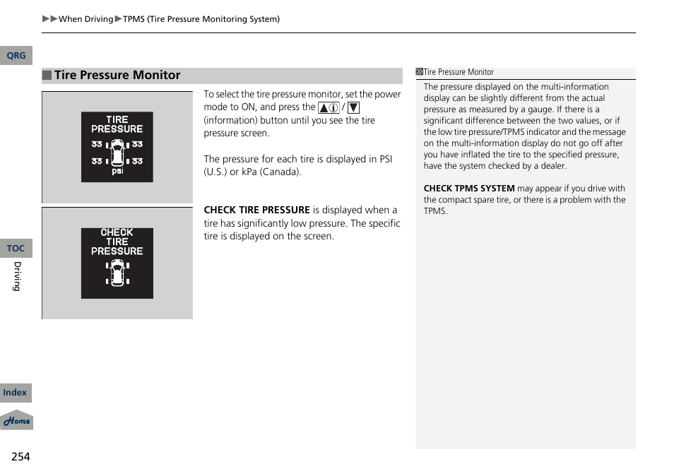Tire pressure monitor | Acura 2013 RDX User Manual | Page 255 / 363