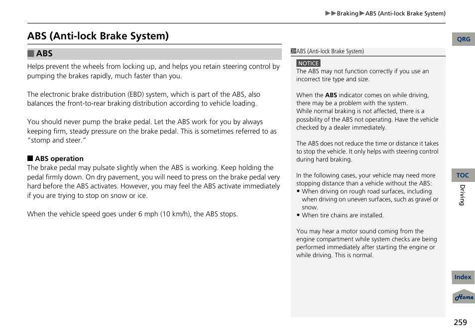 Abs (anti-lock brake system) | Acura 2013 RDX User Manual | Page 260 / 363