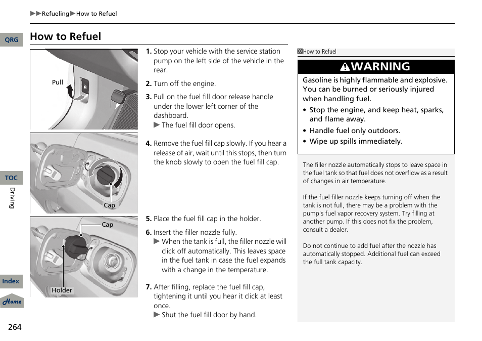 P 264), Warning, How to refuel | Acura 2013 RDX User Manual | Page 265 / 363