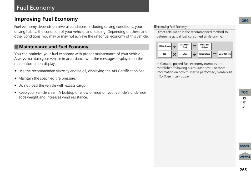 Nomy, P. 265, Fuel economy | Improving fuel economy, Maintenance and fuel economy | Acura 2013 RDX User Manual | Page 266 / 363