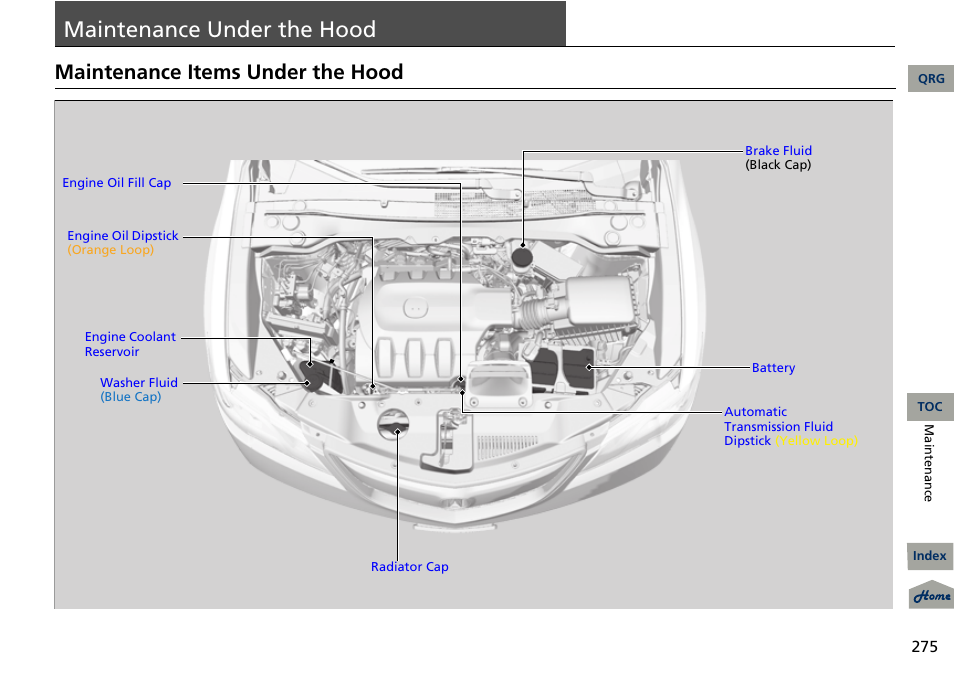 P 275), Maintenance, Under | Hood, Maintenance under the hood, Maintenance items under the hood | Acura 2013 RDX User Manual | Page 276 / 363