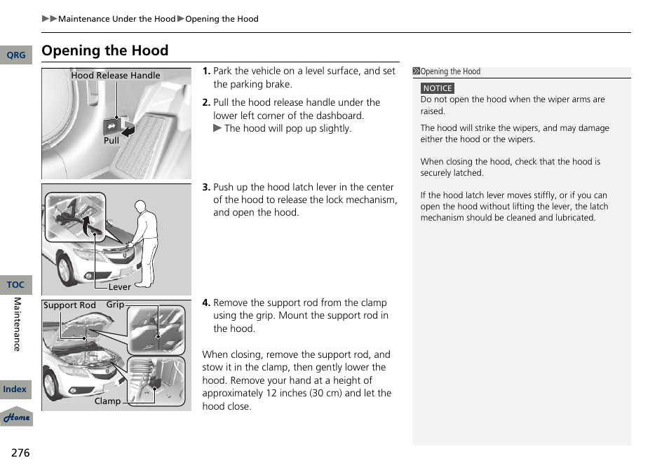 Ndle, P 276), Opening the hood | Acura 2013 RDX User Manual | Page 277 / 363