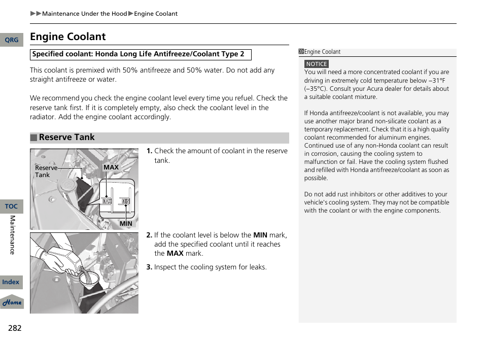 Engine coolant reservoir, Engine coolant, Reserve tank | Acura 2013 RDX User Manual | Page 283 / 363