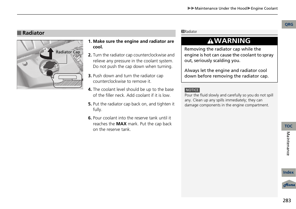 Radiator cap, Warning | Acura 2013 RDX User Manual | Page 284 / 363