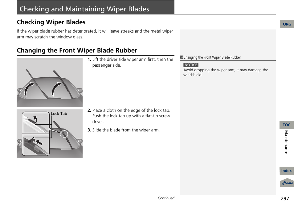 Ing wiper blades, P. 297, P 297) | Checking and maintaining wiper blades, 2 checking and maintaining wiper blades p. 297, Checking wiper blades, Changing the front wiper blade rubber | Acura 2013 RDX User Manual | Page 298 / 363