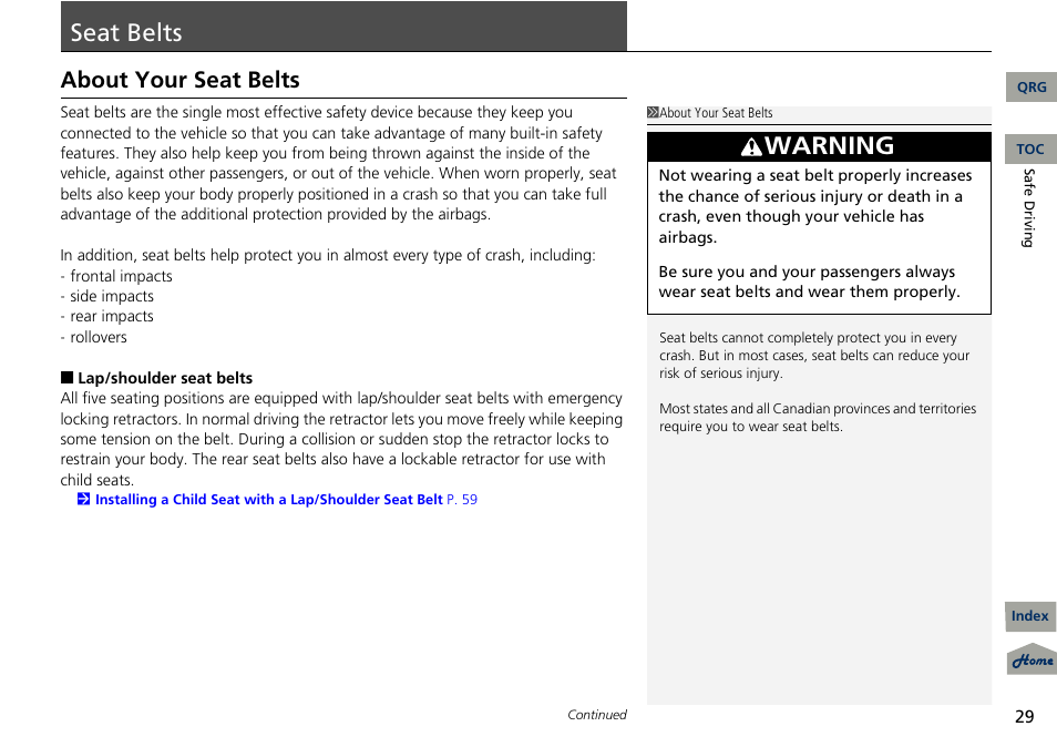 P 29), Seat, Belts | Seat belts, Warning, About your seat belts | Acura 2013 RDX User Manual | Page 30 / 363