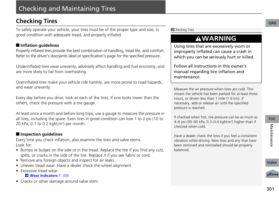 Tires, P 301), Checking and maintaining tires | 2 checking and maintaining tires p. 301, Warning, Checking tires | Acura 2013 RDX User Manual | Page 302 / 363