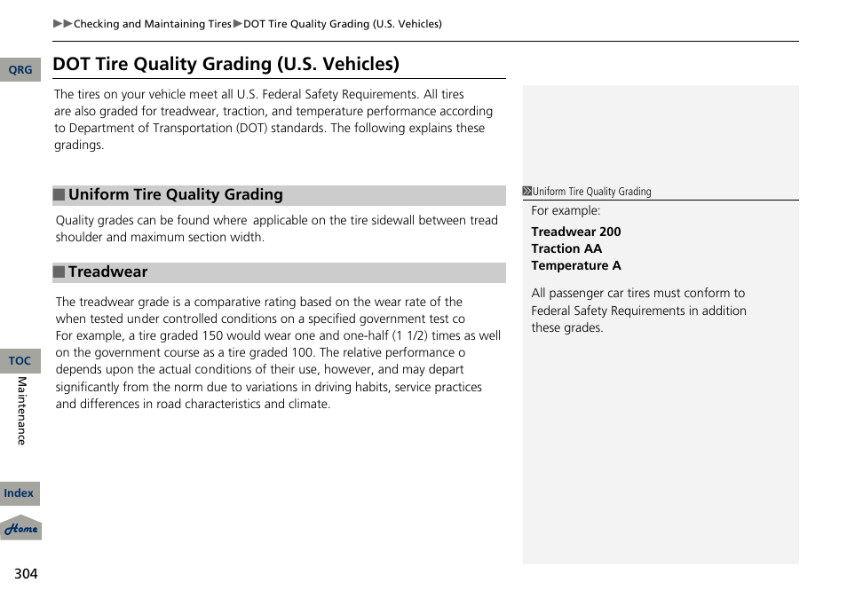 Dot tire quality grading (u.s. vehicles) | Acura 2013 RDX User Manual | Page 305 / 363