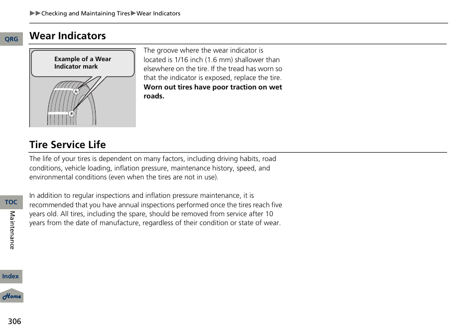 Wear indicators, Tire service life | Acura 2013 RDX User Manual | Page 307 / 363