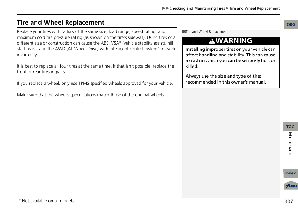 Warning, Tire and wheel replacement | Acura 2013 RDX User Manual | Page 308 / 363