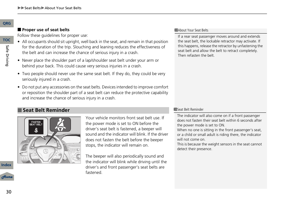 Seat belt reminder | Acura 2013 RDX User Manual | Page 31 / 363