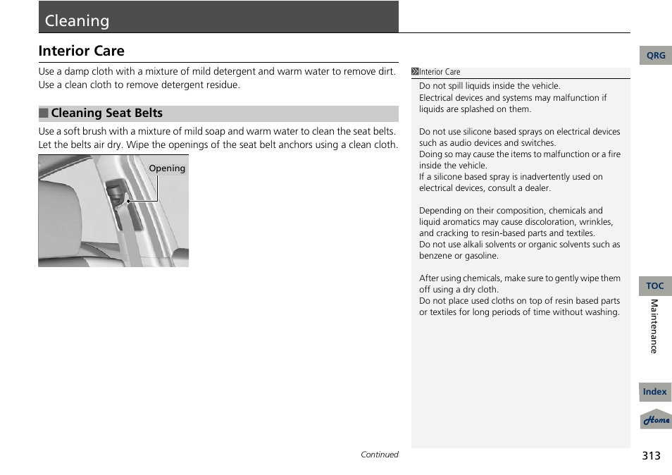 Cleaning, Interior care | Acura 2013 RDX User Manual | Page 314 / 363