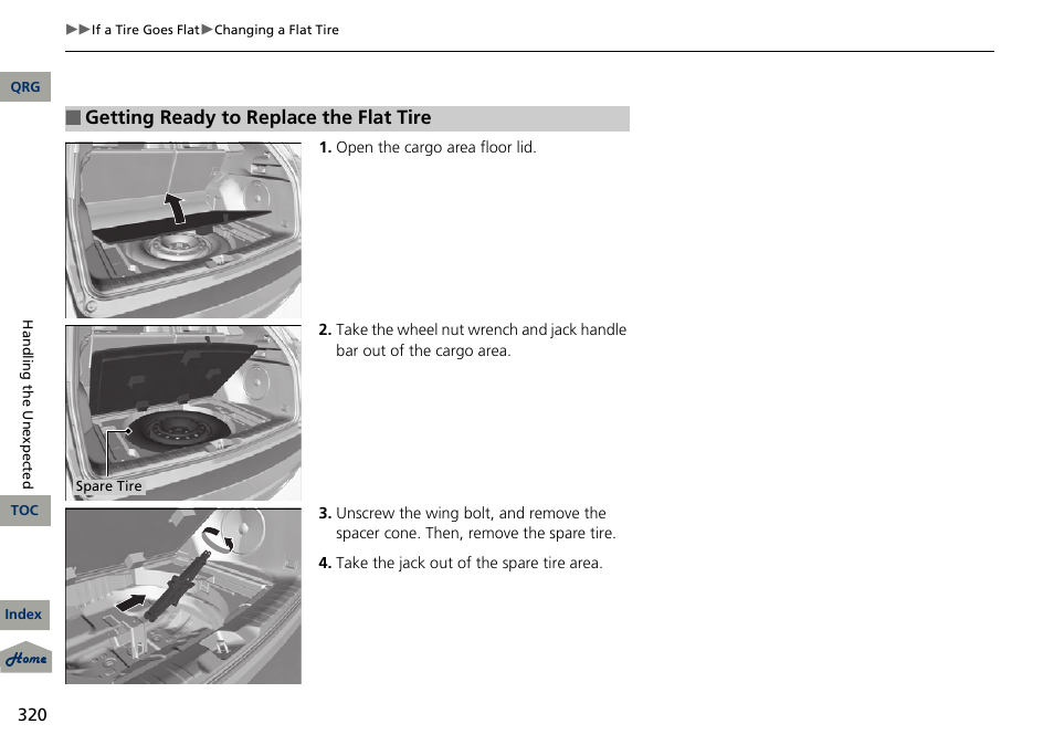 Getting ready to replace the flat tire | Acura 2013 RDX User Manual | Page 321 / 363